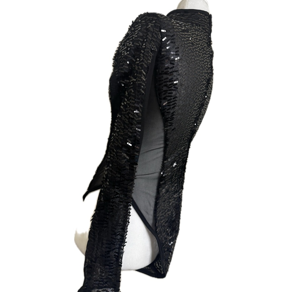 Black Sequin Symmetric Bodysuit with Long Sleeves, Size L - Picture 5 of 15